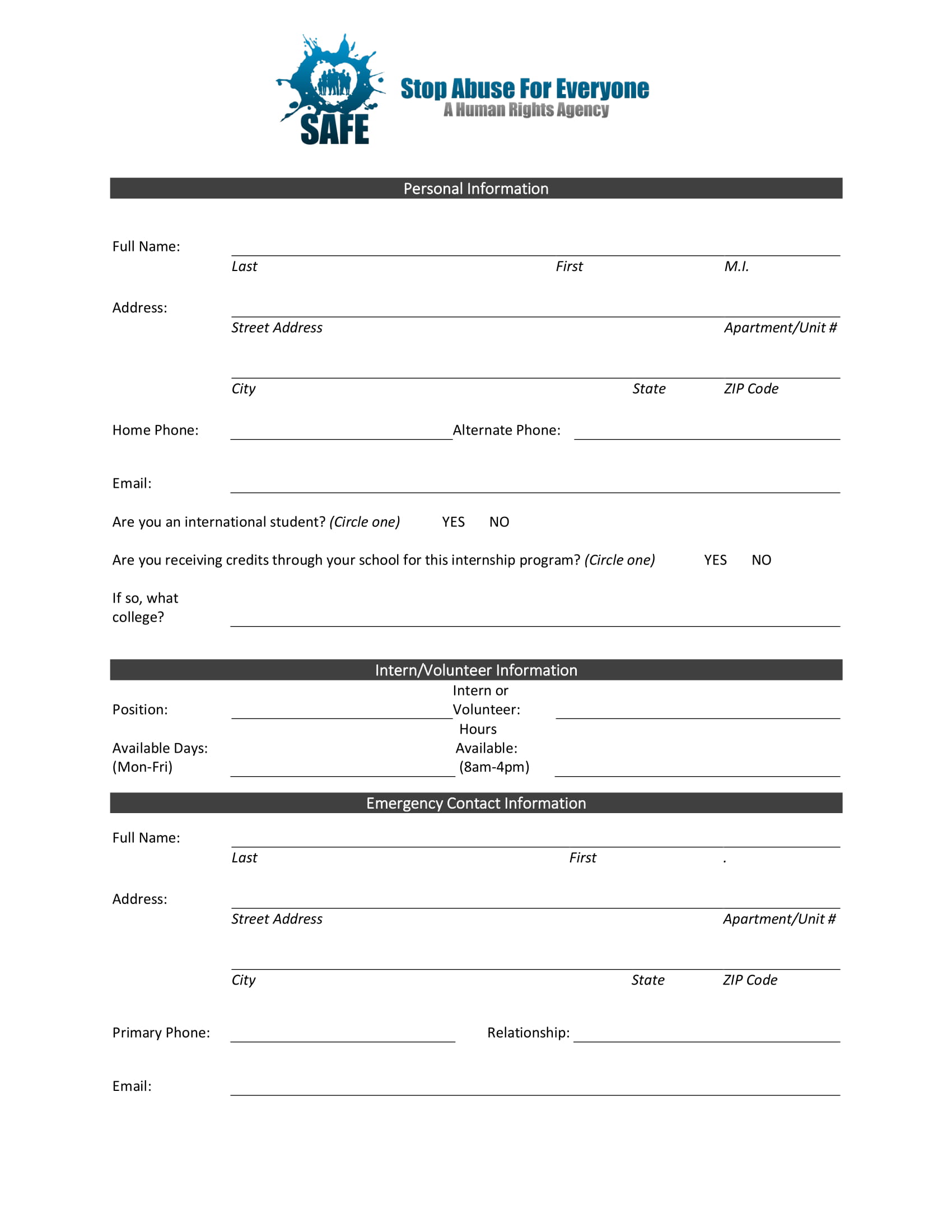 S.A.F.E. Information Form Internship Application